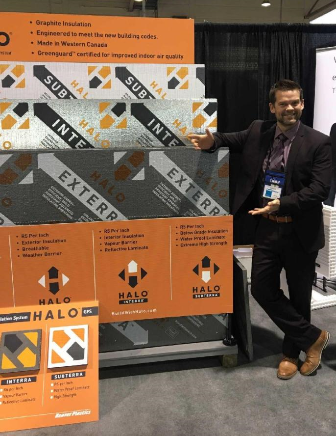Halo® Exterra® Interra® and Subterra® store display with male worker
