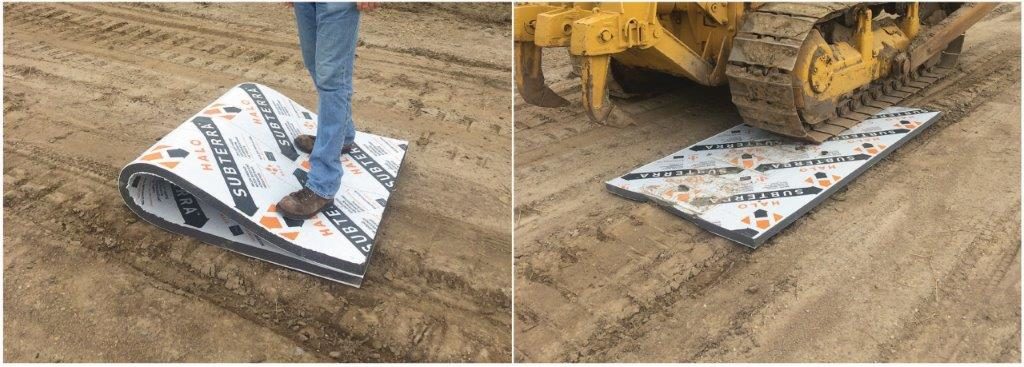 worker standing ontp of Halo® Subterra® product and vehicle running over Halo® Subterra product